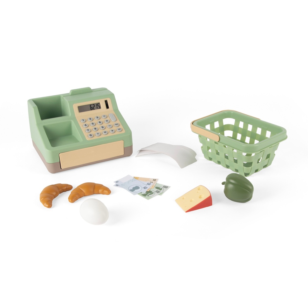 Kasse mit Korb und Einkauf